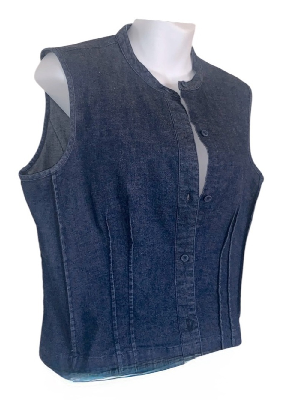 DKNY Denim vest, Women's 14, fitted, buttons, med wash, outside seams. EUC